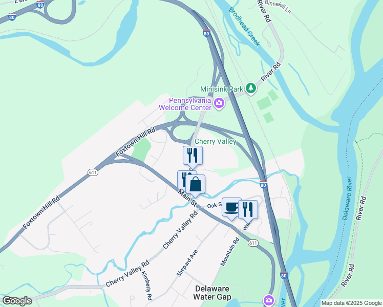map of restaurants, bars, coffee shops, grocery stores, and more near 100 Broad Street in Stroudsburg