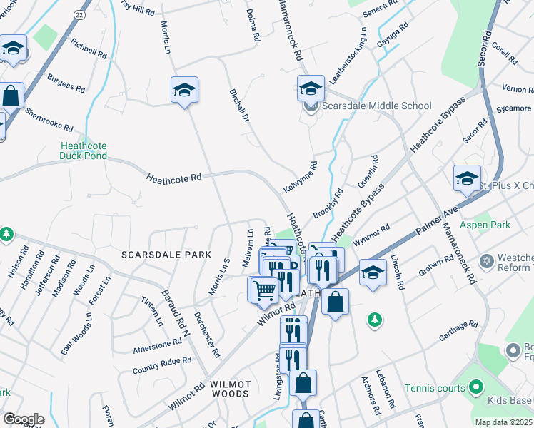 map of restaurants, bars, coffee shops, grocery stores, and more near 236 Heathcote Road in Scarsdale