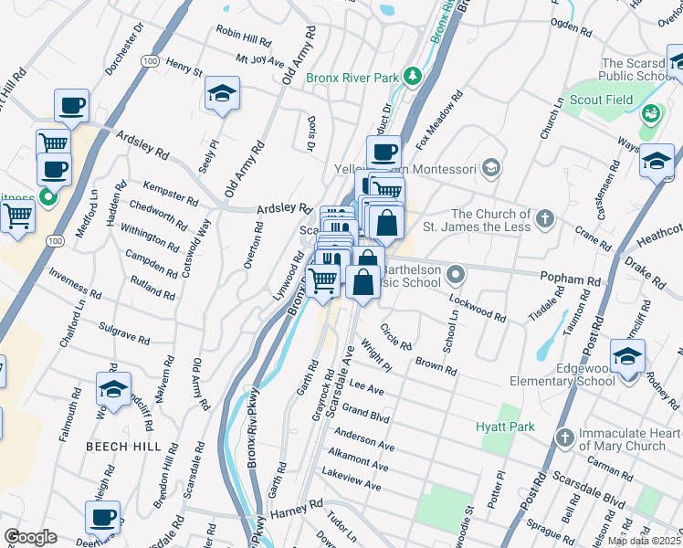 map of restaurants, bars, coffee shops, grocery stores, and more near 14 Freightway in Scarsdale