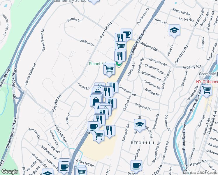 map of restaurants, bars, coffee shops, grocery stores, and more near 2 Fountain Lane in Scarsdale