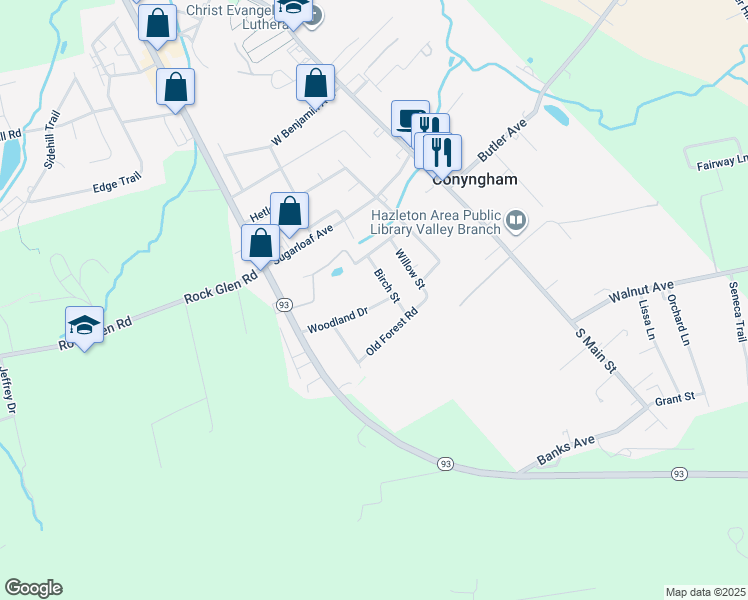 map of restaurants, bars, coffee shops, grocery stores, and more near 3 Woodland Drive in Conyngham