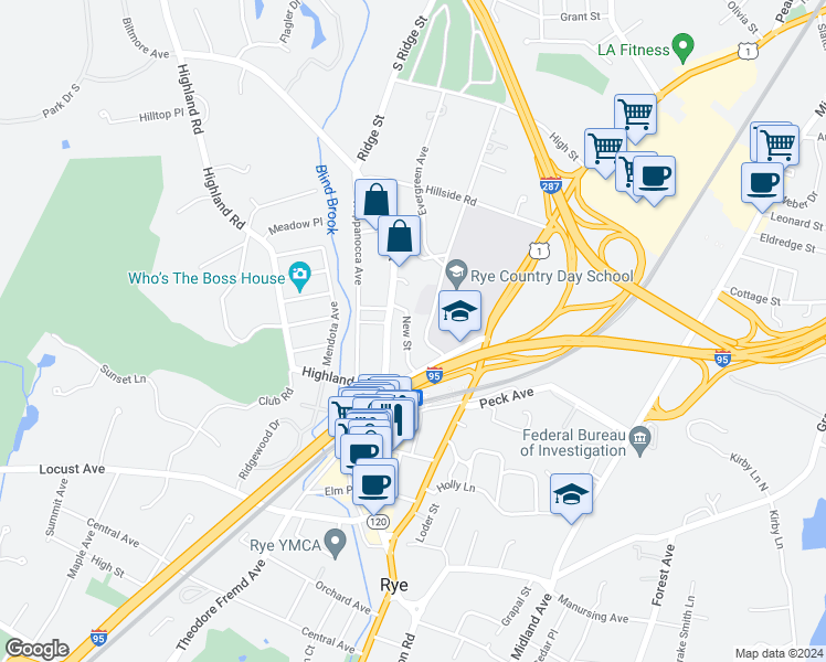 map of restaurants, bars, coffee shops, grocery stores, and more near 45 New Street in Rye
