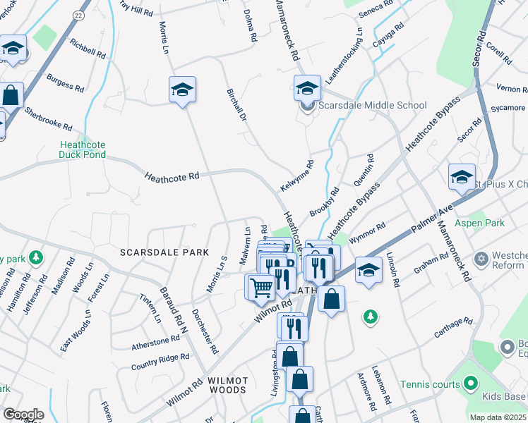 map of restaurants, bars, coffee shops, grocery stores, and more near 236 Heathcote Road in Scarsdale