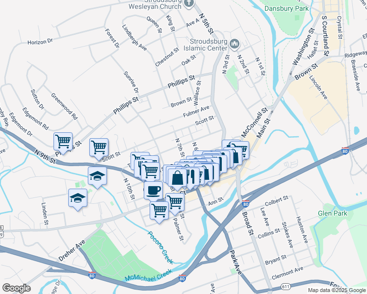 map of restaurants, bars, coffee shops, grocery stores, and more near in Stroudsburg