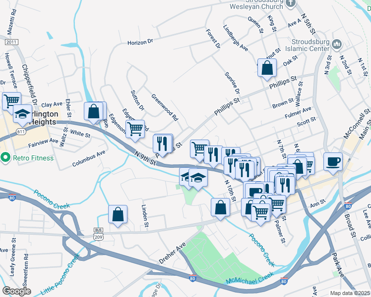 map of restaurants, bars, coffee shops, grocery stores, and more near 320 North 9th Street in Stroudsburg