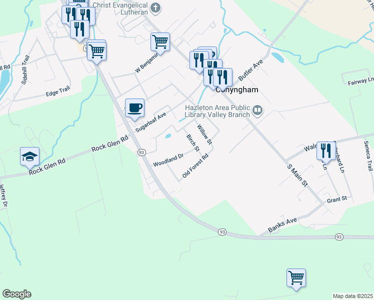 map of restaurants, bars, coffee shops, grocery stores, and more near 3 Woodland Drive in Conyngham
