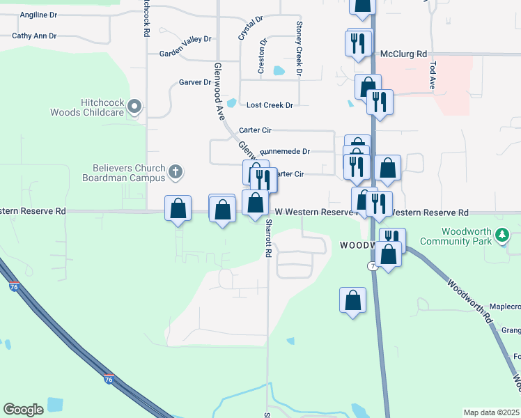 map of restaurants, bars, coffee shops, grocery stores, and more near 1075 West Western Reserve Road in Poland