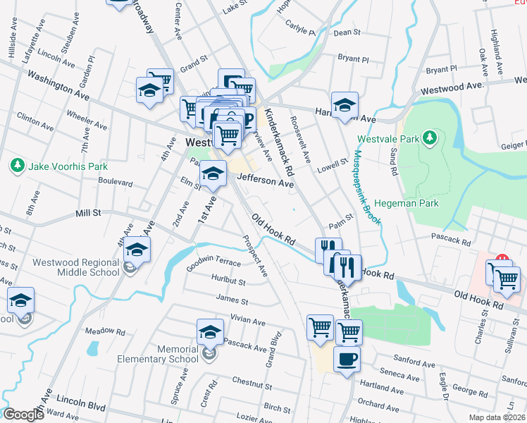 map of restaurants, bars, coffee shops, grocery stores, and more near 20 Valley Avenue in Westwood