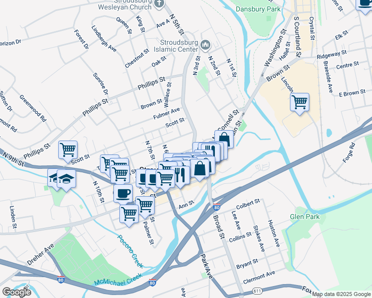 map of restaurants, bars, coffee shops, grocery stores, and more near 510 Sarah Street in Stroudsburg
