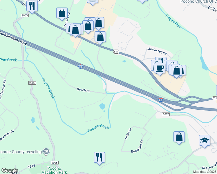 map of restaurants, bars, coffee shops, grocery stores, and more near 314 White Stone Corner Road in Stroudsburg