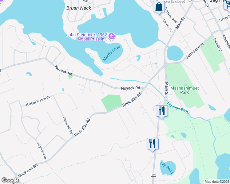 map of restaurants, bars, coffee shops, grocery stores, and more near 1219 Brick Kiln Road in Sag Harbor