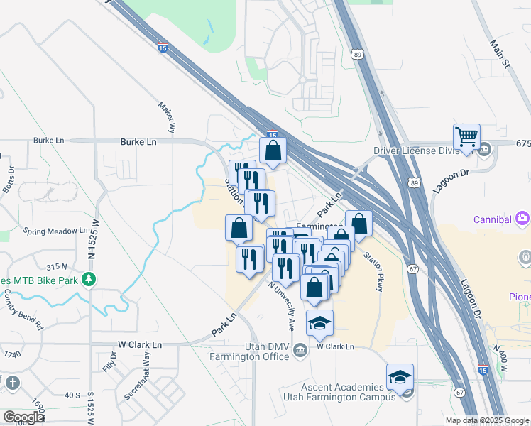 map of restaurants, bars, coffee shops, grocery stores, and more near 1067 Grand Avenue in Farmington
