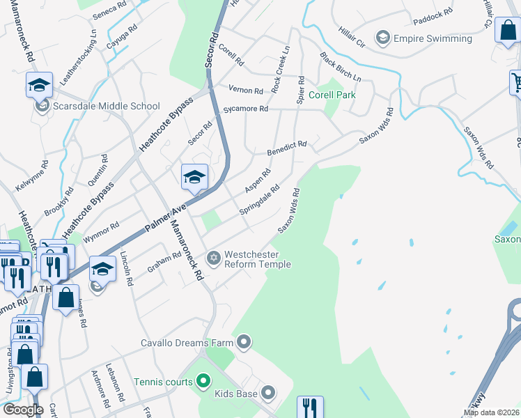 map of restaurants, bars, coffee shops, grocery stores, and more near 19 Myrtledale Road in Scarsdale