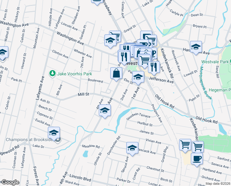 map of restaurants, bars, coffee shops, grocery stores, and more near 38 Mill Street in Westwood