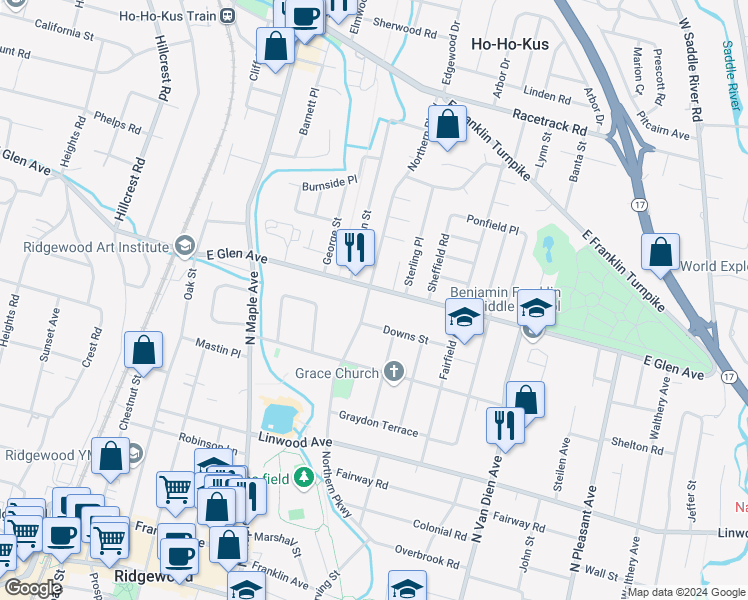 map of restaurants, bars, coffee shops, grocery stores, and more near 343 Northern Parkway in Ridgewood