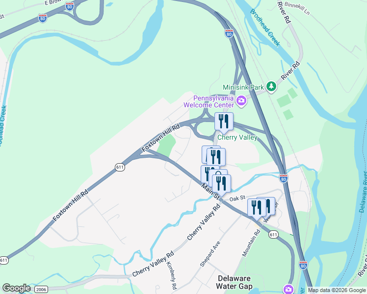 map of restaurants, bars, coffee shops, grocery stores, and more near 115 Watergap Village in Delaware Water Gap