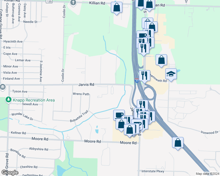 map of restaurants, bars, coffee shops, grocery stores, and more near 670 Jarvis Road in Akron