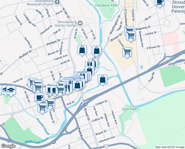 map of restaurants, bars, coffee shops, grocery stores, and more near 327 Main St in Stroudsburg