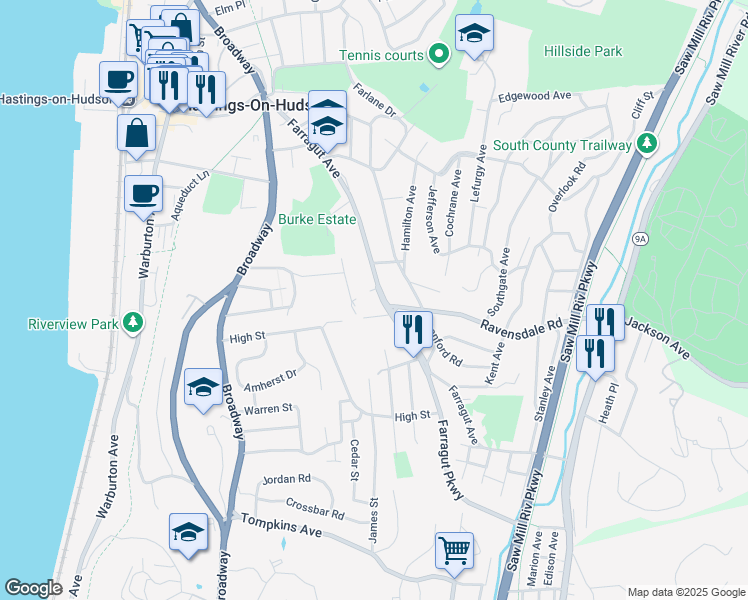 map of restaurants, bars, coffee shops, grocery stores, and more near 2 Saunders Street in Hastings-on-Hudson