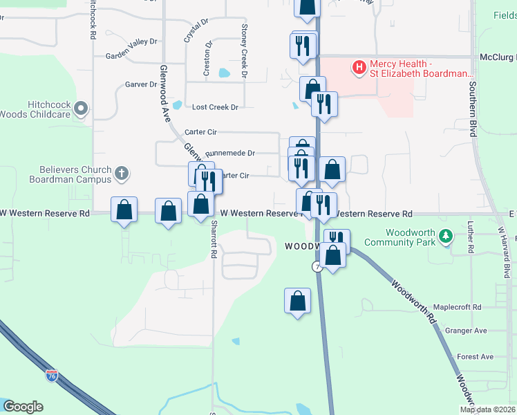 map of restaurants, bars, coffee shops, grocery stores, and more near 301 West Western Reserve Road in Poland