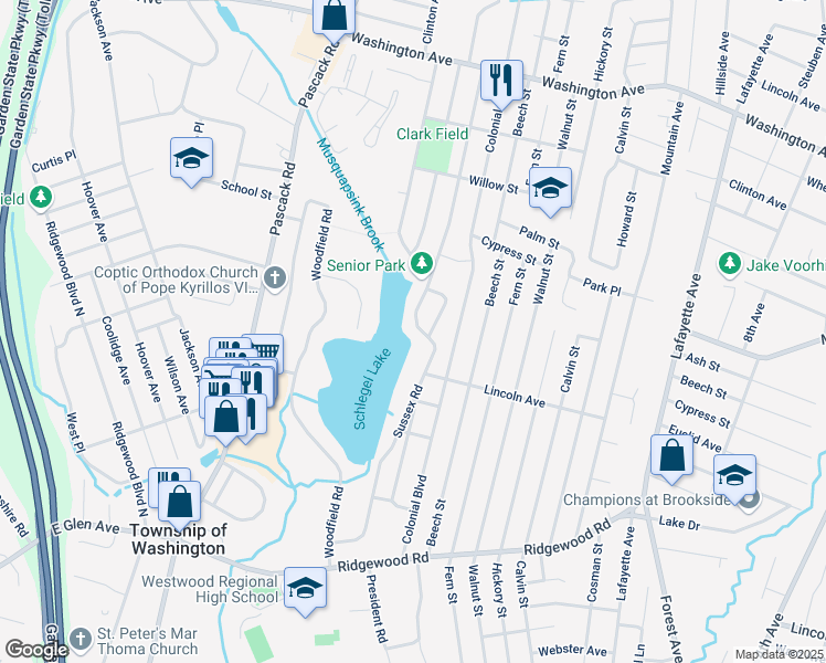 map of restaurants, bars, coffee shops, grocery stores, and more near 190 Sussex Road in Township of Washington