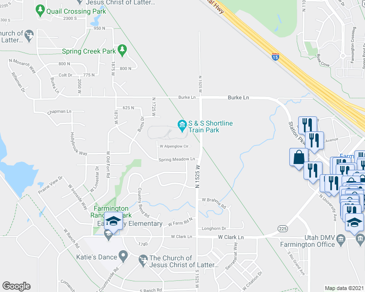 map of restaurants, bars, coffee shops, grocery stores, and more near 1633 West Alpenglow Circle in Farmington