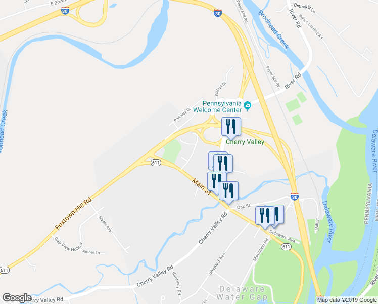 map of restaurants, bars, coffee shops, grocery stores, and more near 115 Watergap Village in Delaware Water Gap