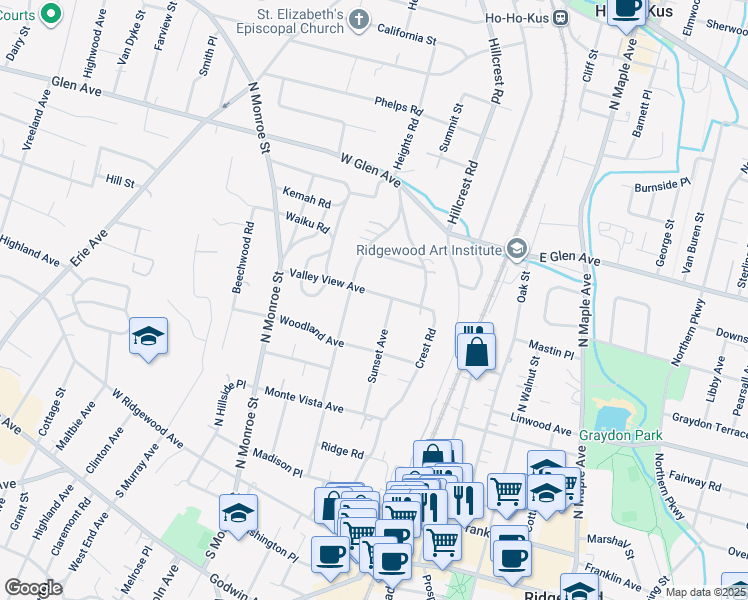 map of restaurants, bars, coffee shops, grocery stores, and more near 80 Valley View Avenue in Ridgewood