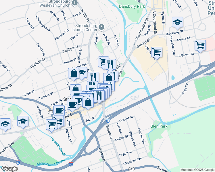 map of restaurants, bars, coffee shops, grocery stores, and more near 344R Main Street in Stroudsburg