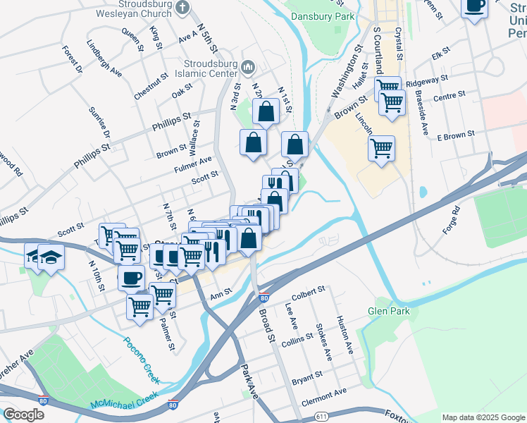 map of restaurants, bars, coffee shops, grocery stores, and more near 344R Main Street in Stroudsburg