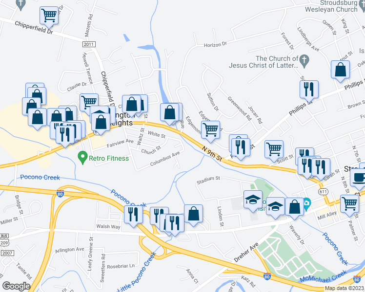 map of restaurants, bars, coffee shops, grocery stores, and more near 804 Columbus Avenue in Stroudsburg