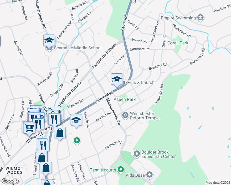 map of restaurants, bars, coffee shops, grocery stores, and more near 82 Palmer Avenue in Scarsdale