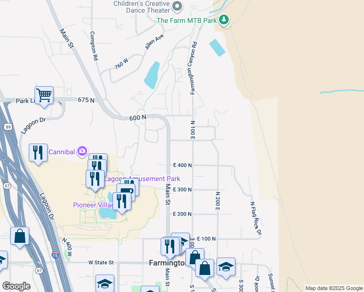map of restaurants, bars, coffee shops, grocery stores, and more near 49 East 500 North in Farmington