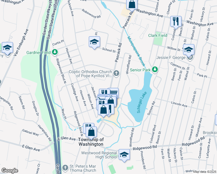 map of restaurants, bars, coffee shops, grocery stores, and more near in Township of Washington