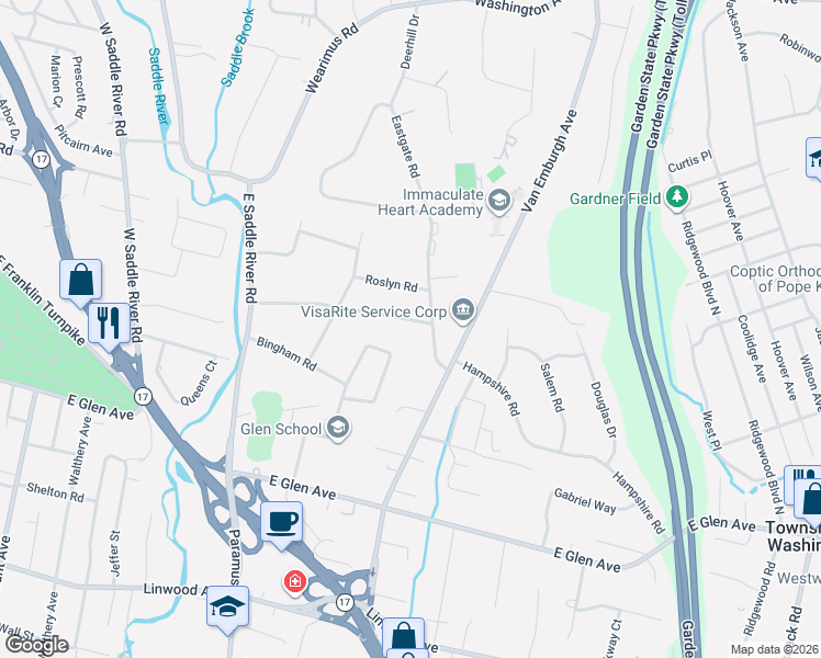 map of restaurants, bars, coffee shops, grocery stores, and more near 913 Norgate Drive in Ridgewood