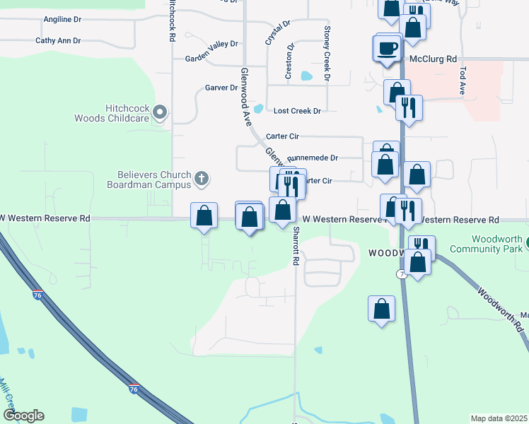 map of restaurants, bars, coffee shops, grocery stores, and more near 1020 West Western Reserve Road in Youngstown