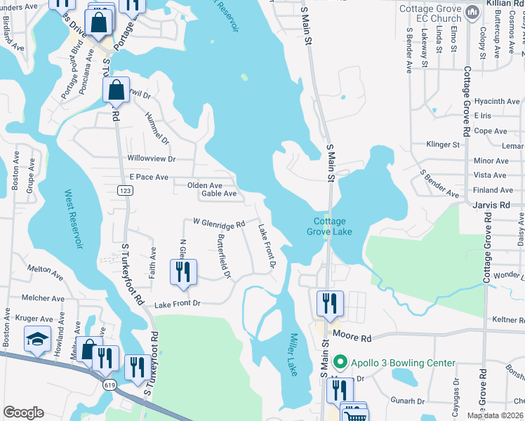 map of restaurants, bars, coffee shops, grocery stores, and more near 9 Lake Front Drive in Akron