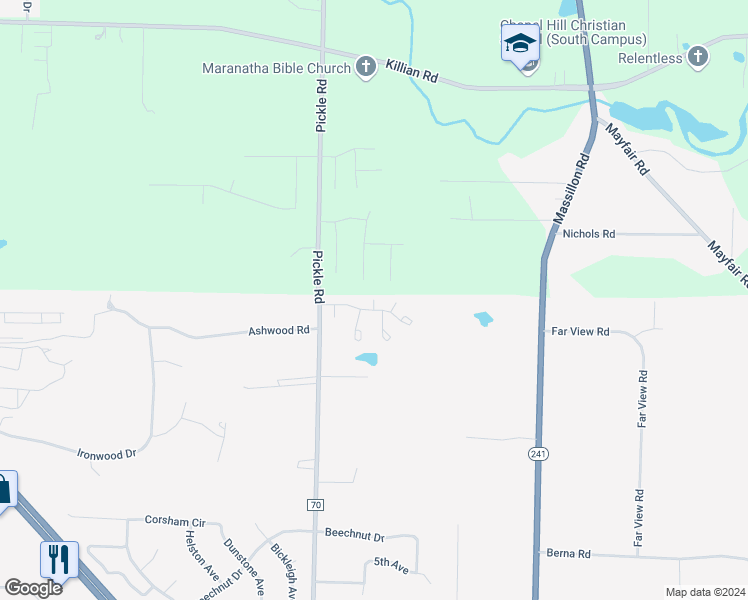 map of restaurants, bars, coffee shops, grocery stores, and more near 2701 Oxford in Akron
