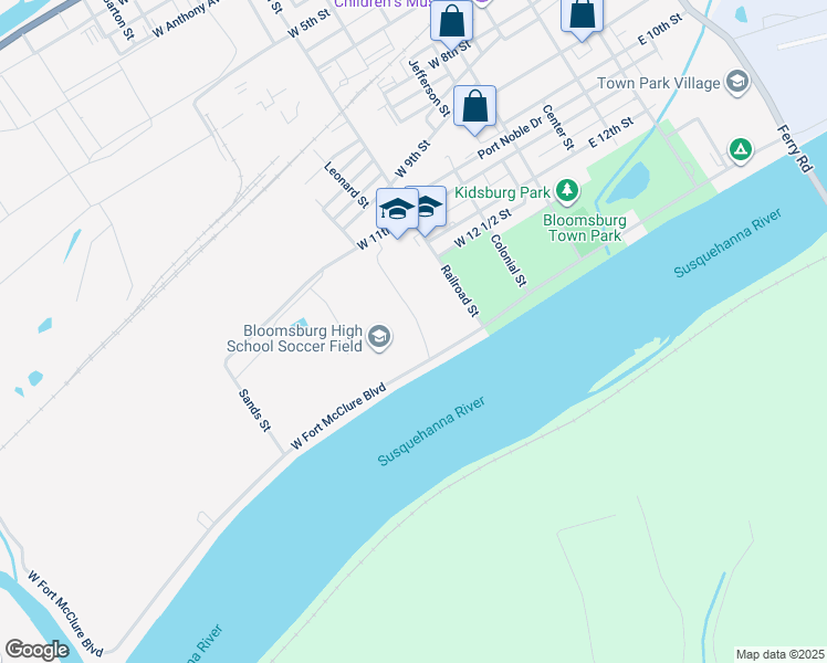 map of restaurants, bars, coffee shops, grocery stores, and more near 1200 Railroad Street in Bloomsburg