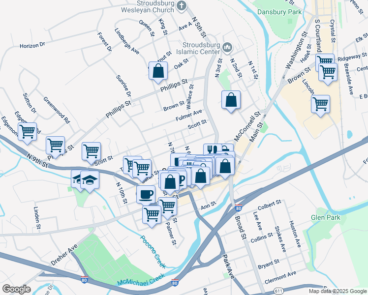 map of restaurants, bars, coffee shops, grocery stores, and more near 601 Thomas Street in Stroudsburg