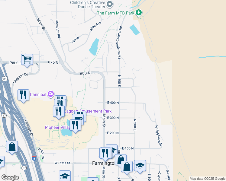 map of restaurants, bars, coffee shops, grocery stores, and more near 49 East 500 North in Farmington
