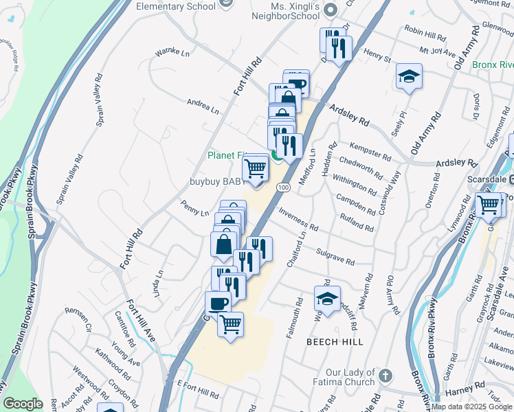 map of restaurants, bars, coffee shops, grocery stores, and more near 1711 Central Park Avenue in Scarsdale