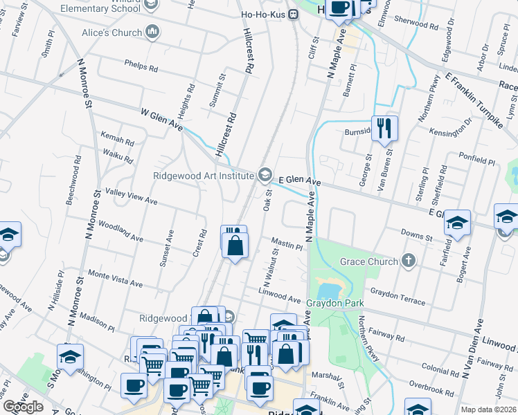 map of restaurants, bars, coffee shops, grocery stores, and more near 286 Oak Street in Ridgewood
