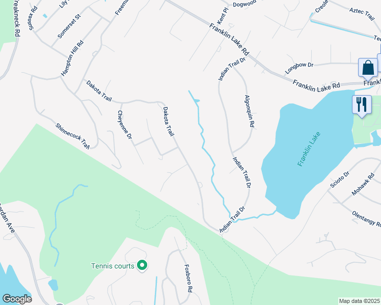 map of restaurants, bars, coffee shops, grocery stores, and more near 673 Dakota Trail in Franklin Lakes