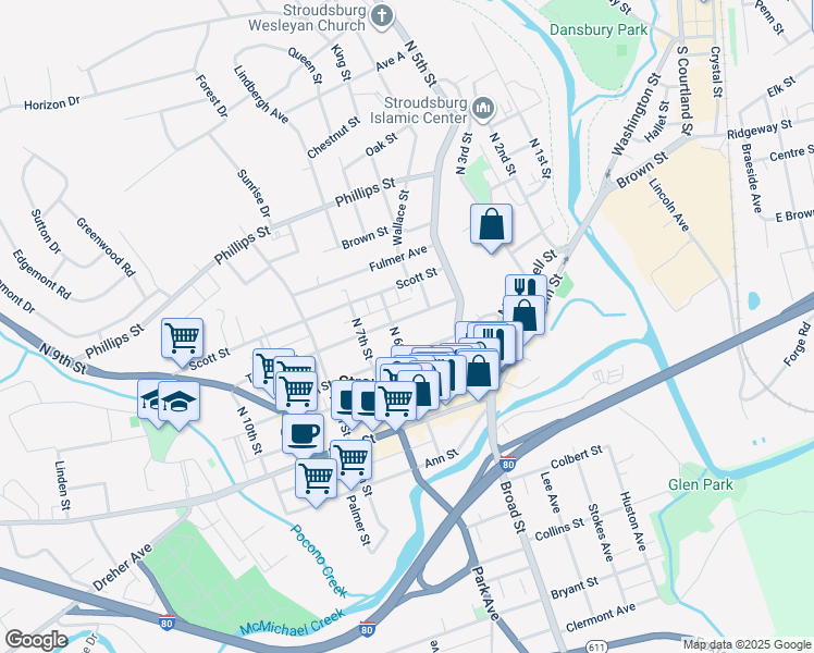 map of restaurants, bars, coffee shops, grocery stores, and more near 551 Thomas Street in Stroudsburg