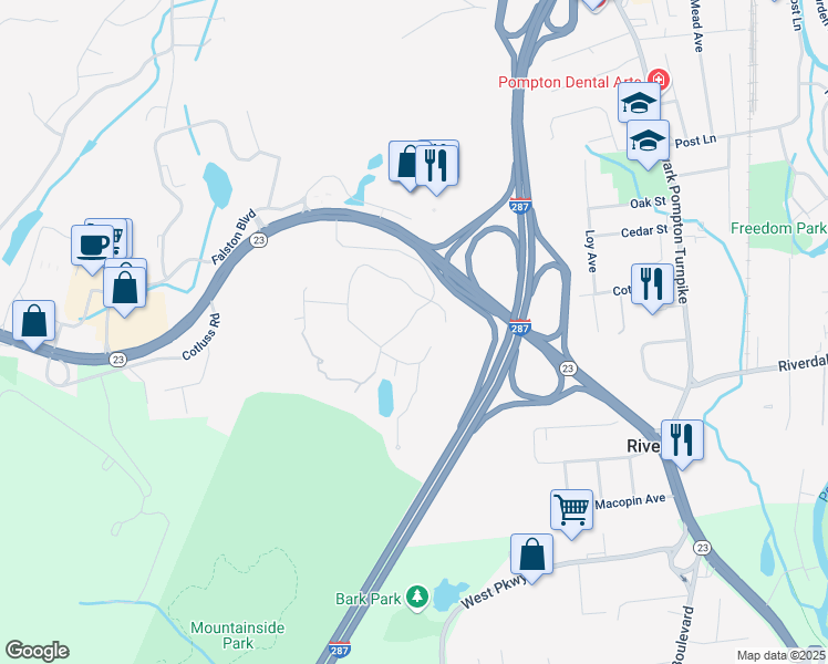 map of restaurants, bars, coffee shops, grocery stores, and more near 65 Highland Avenue in Riverdale