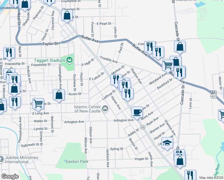 map of restaurants, bars, coffee shops, grocery stores, and more near 1102 East Washington Street in New Castle