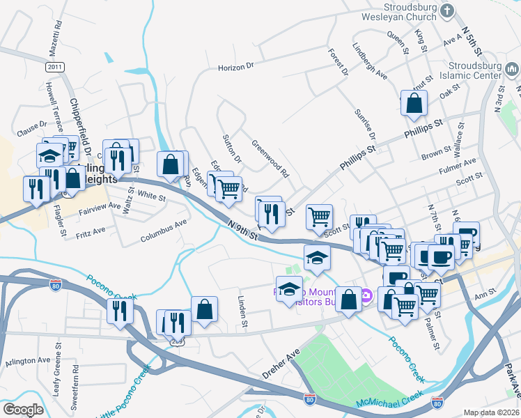 map of restaurants, bars, coffee shops, grocery stores, and more near 241 Edgemont Road in Stroudsburg