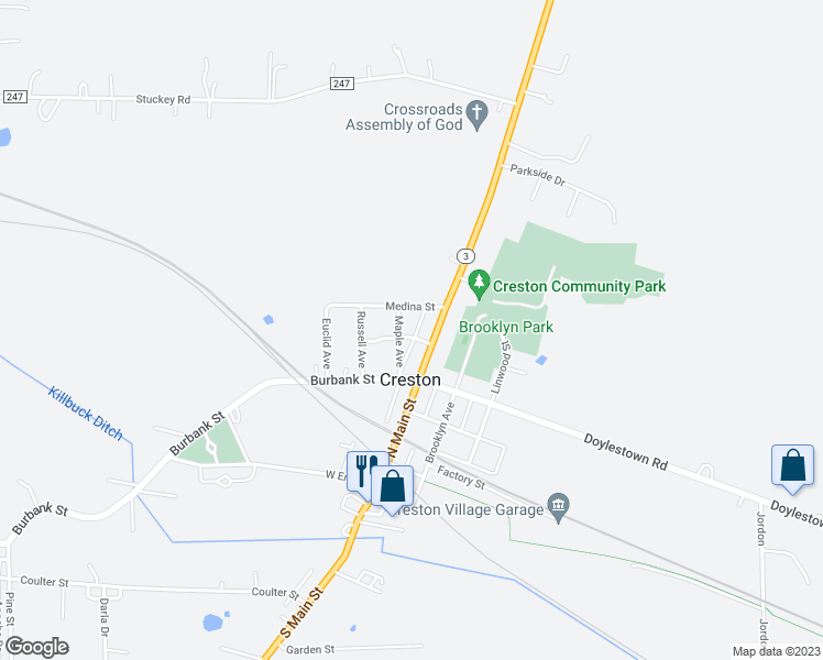 map of restaurants, bars, coffee shops, grocery stores, and more near 113 Maple Avenue in Creston