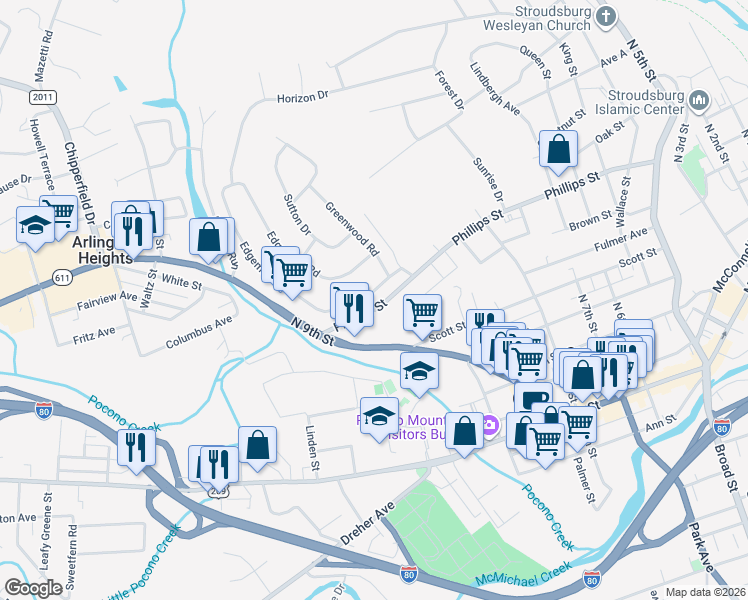 map of restaurants, bars, coffee shops, grocery stores, and more near 223 Edgemont Road in Stroudsburg